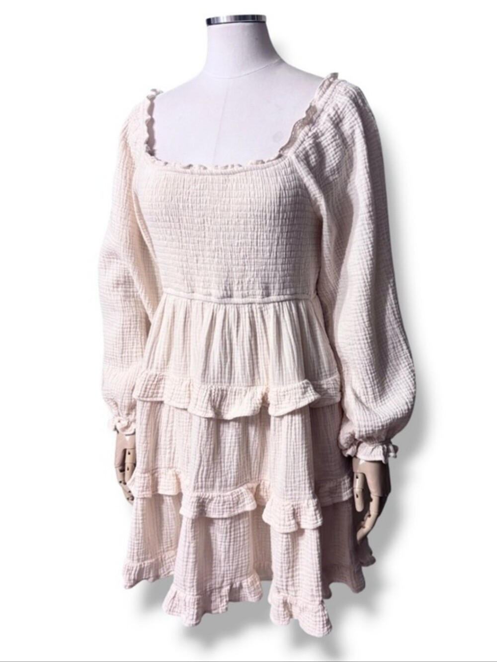 &MERCI Cream Crinkle Cotton Smocked Dress Ruffle Tiers Long Sleeve Size Medium